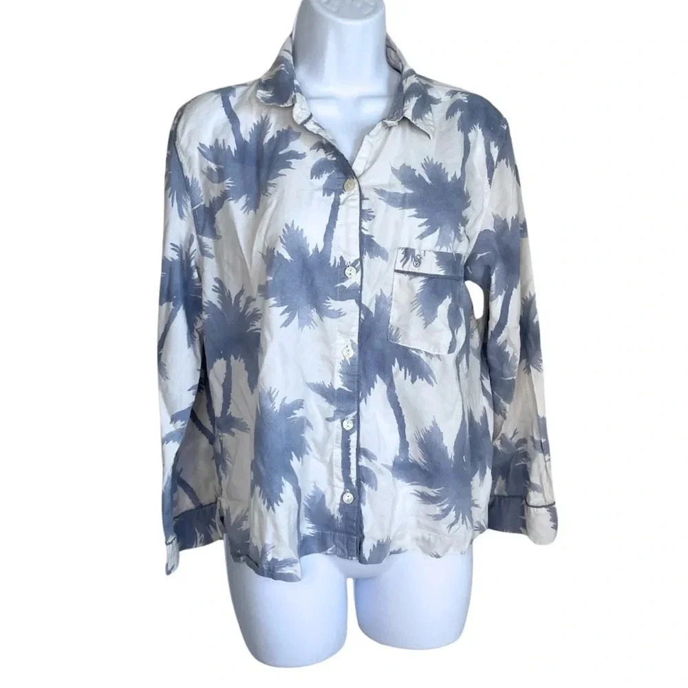 Victoria’s Secret Blue Palm Leaf Button Down Shirt  Soft Lounge Beach Resort Top - Picture 2 of 8